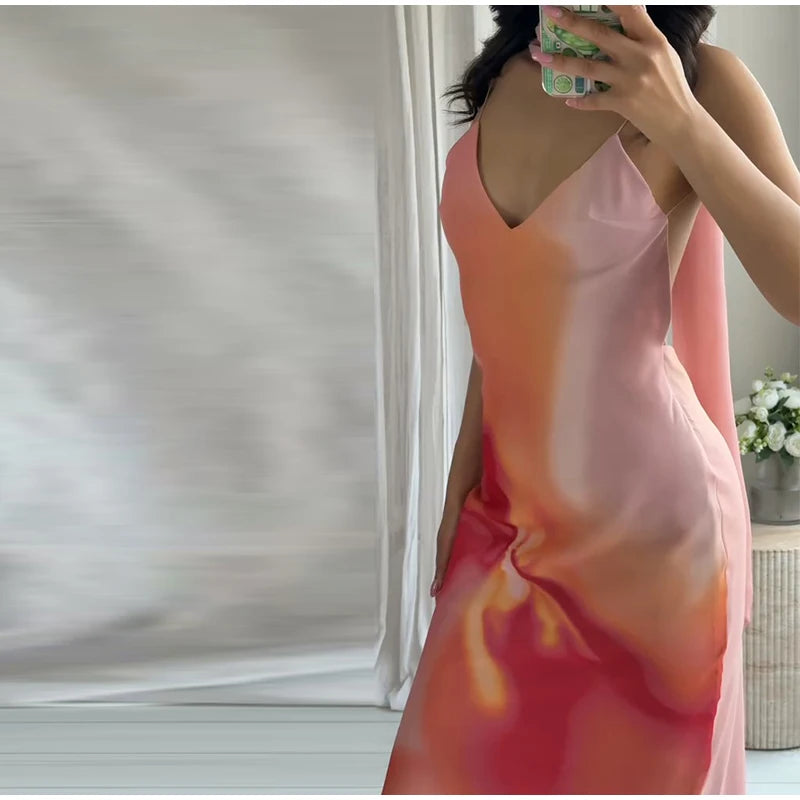 Elegant Tie Dye Printed Long Dress Women Ribbon V-neck Sleeveless Slim Sling Dresses 2025 Summer Lady Chic Beach Vacation Robes