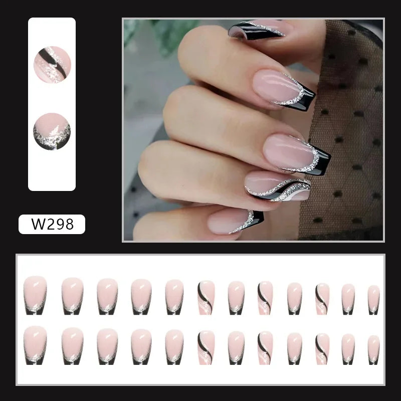 New Short Ballet 24 Pcs Fake Nail with Jelly sticker Press on False Nails Wearable Round Head Oval Full Cover Nail Tips