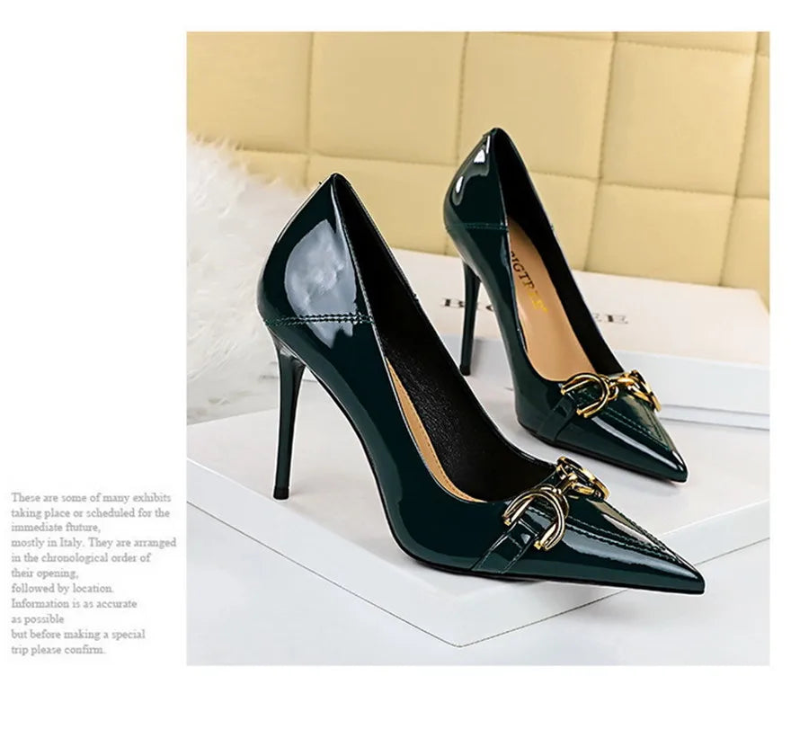 Red White Metal Buckle Wedding Shoes Women 2026 New Patent Leather Shallow High Heels Pumps Fashion Pointy Toe Party Shoes Woman