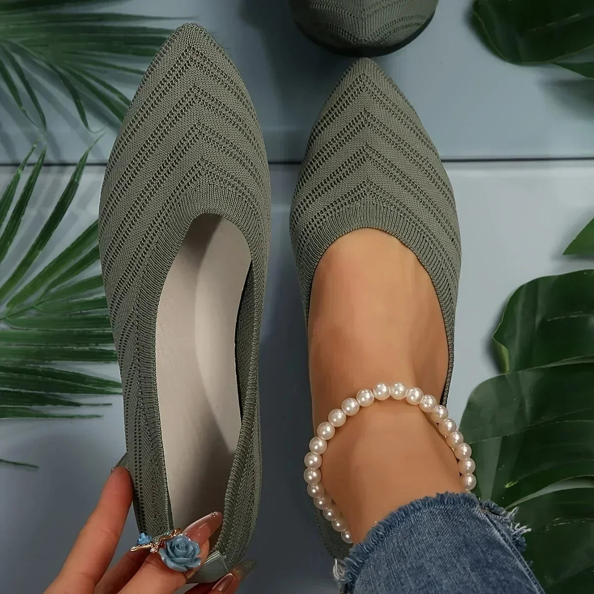 New 2024 Pointed Toe Flat Office Boat Solid Color Knitted Slip on Shoes Casual Ballet Flats Shoes Women Loafers Zapatos De Mujer