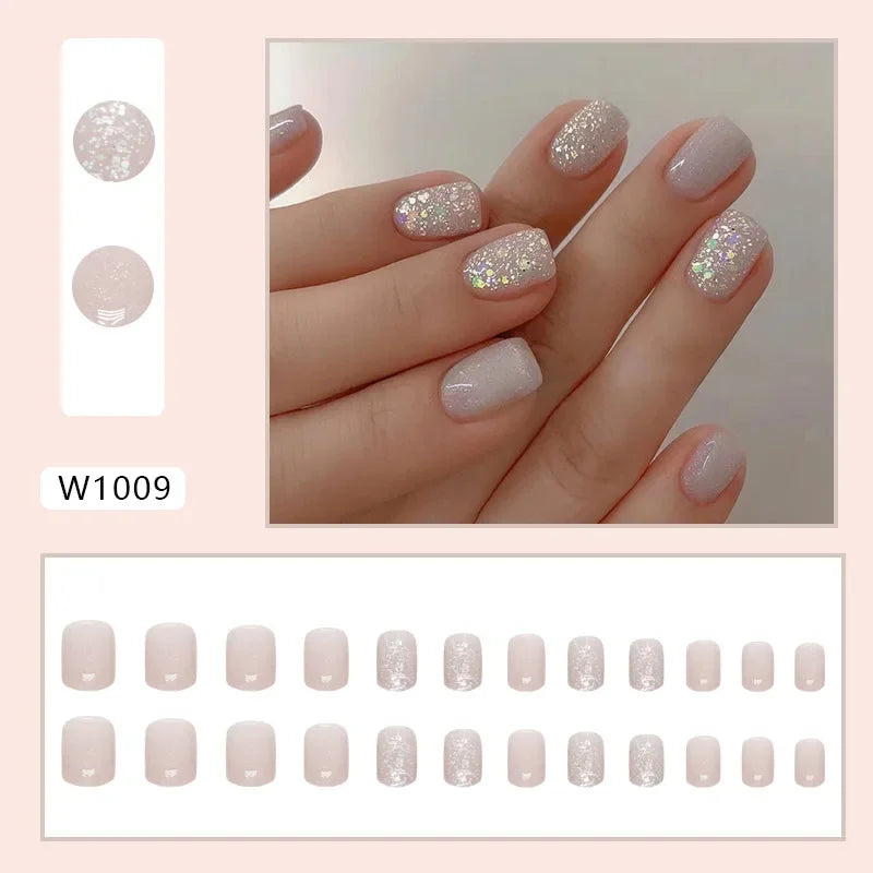 New Short Ballet 24 Pcs Fake Nail with Jelly sticker Press on False Nails Wearable Round Head Oval Full Cover Nail Tips