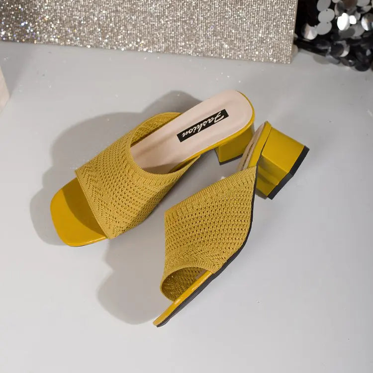 Summer Plus Size High Heel party Sandals Knitted Breathable Block Heel Sandals Fashion casual Brown Comfortable Women's Shoes