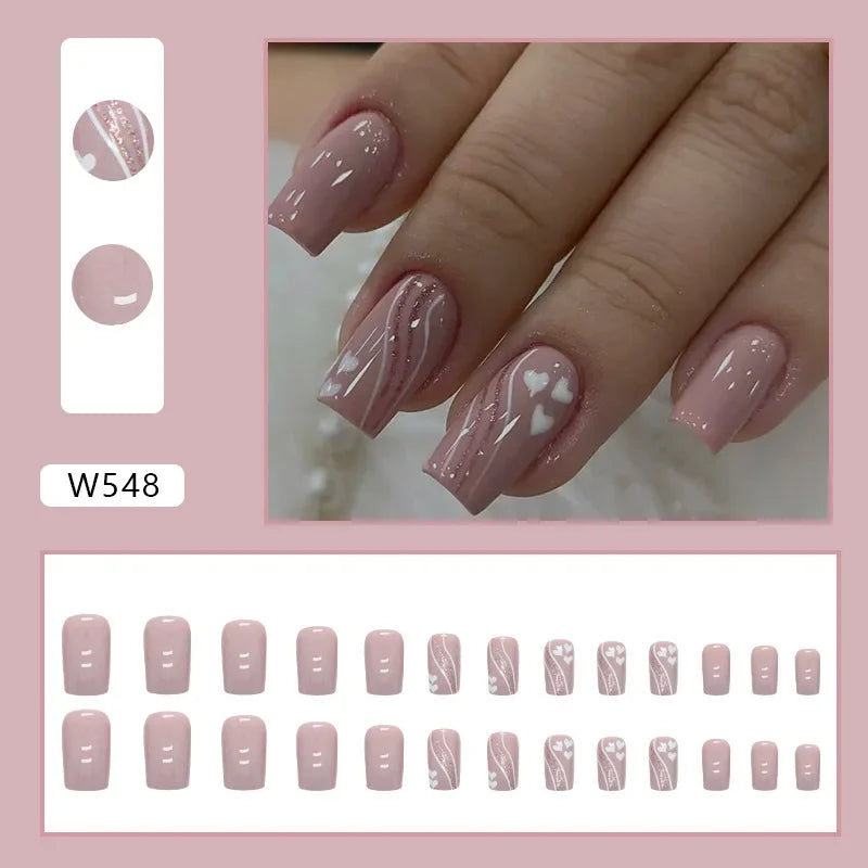 New Short Ballet 24 Pcs Fake Nail with Jelly sticker Press on False Nails Wearable Round Head Oval Full Cover Nail Tips