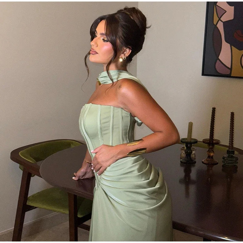 Elegant Long Dress Women Strapless Sleeveless Scarf High Waist Vestidos Female 2025 Spring Summer New Chic Lady Evening Dresses