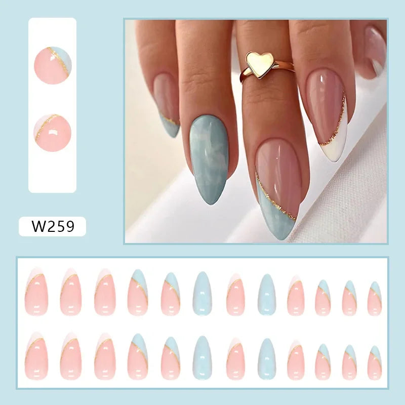 New Short Ballet 24 Pcs Fake Nail with Jelly sticker Press on False Nails Wearable Round Head Oval Full Cover Nail Tips