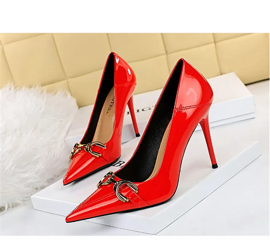 Red White Metal Buckle Wedding Shoes Women 2026 New Patent Leather Shallow High Heels Pumps Fashion Pointy Toe Party Shoes Woman