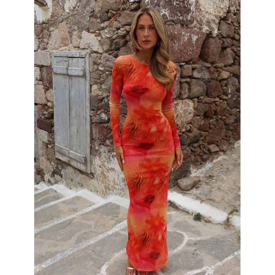 Sexy Slim Fit Long Sleeve Backless Tulle Dress High Waist Bodycon Gown Casual round Neckline Full Length Women's Fashion Dress