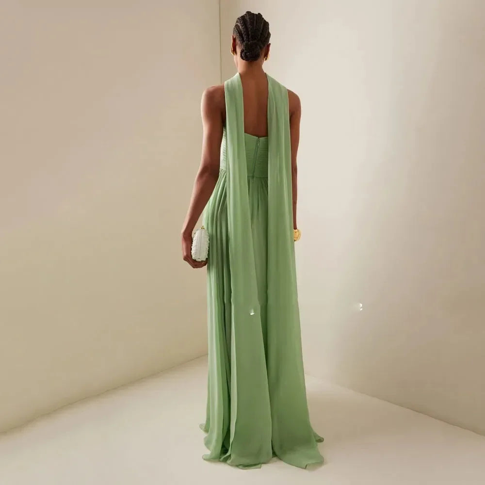 Summer Elegant Off Shoulder Lady Chic Evening Gown Sexy Green Chiffon Waist Party Long Dress Women Hollow Backless Dresses 2025