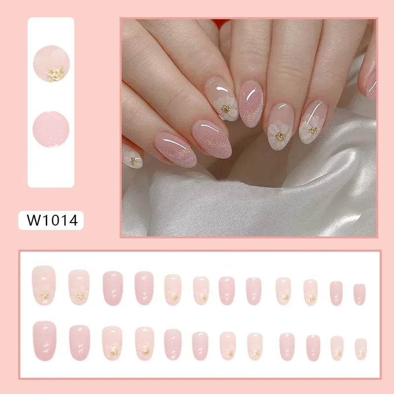 New Short Ballet 24 Pcs Fake Nail with Jelly sticker Press on False Nails Wearable Round Head Oval Full Cover Nail Tips