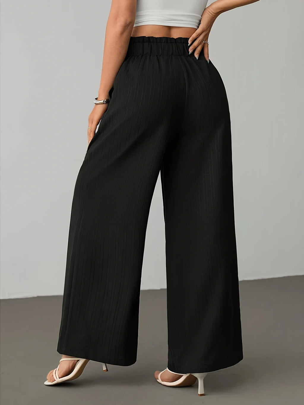 Women's Ruffled Waist Tie Wide-Leg Pants, Draped Striped Casual Trousers, High-Waisted Loose Straight Floor-Length Pants