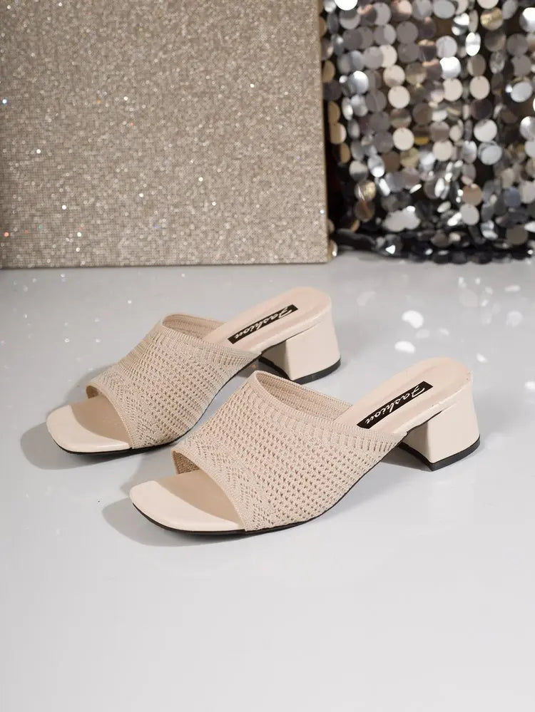Summer Plus Size High Heel party Sandals Knitted Breathable Block Heel Sandals Fashion casual Brown Comfortable Women's Shoes