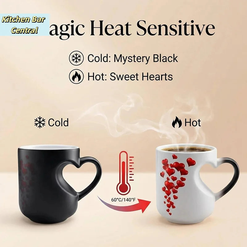 【Heart-Shaped Color Changing Magic Ceramic Mug Funny Color Changing Coffee Cup With Handle That Reveals Surprise Design】