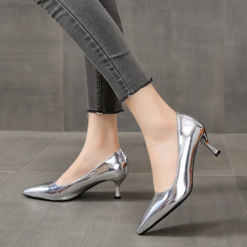 2026 New Lady Pointe Toe Gold Silver Pumps Female Wedding Bridal Shoes  Fashion Women Patent Leather High Heels Plus Size 45