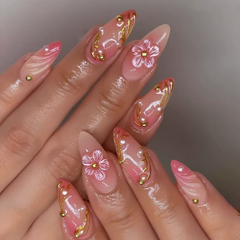 24Pcs Pink Almond False Nails Butterfly Ballet with French Design Wearable Fake Nails Simple Artificial Press on Nails Tips Art