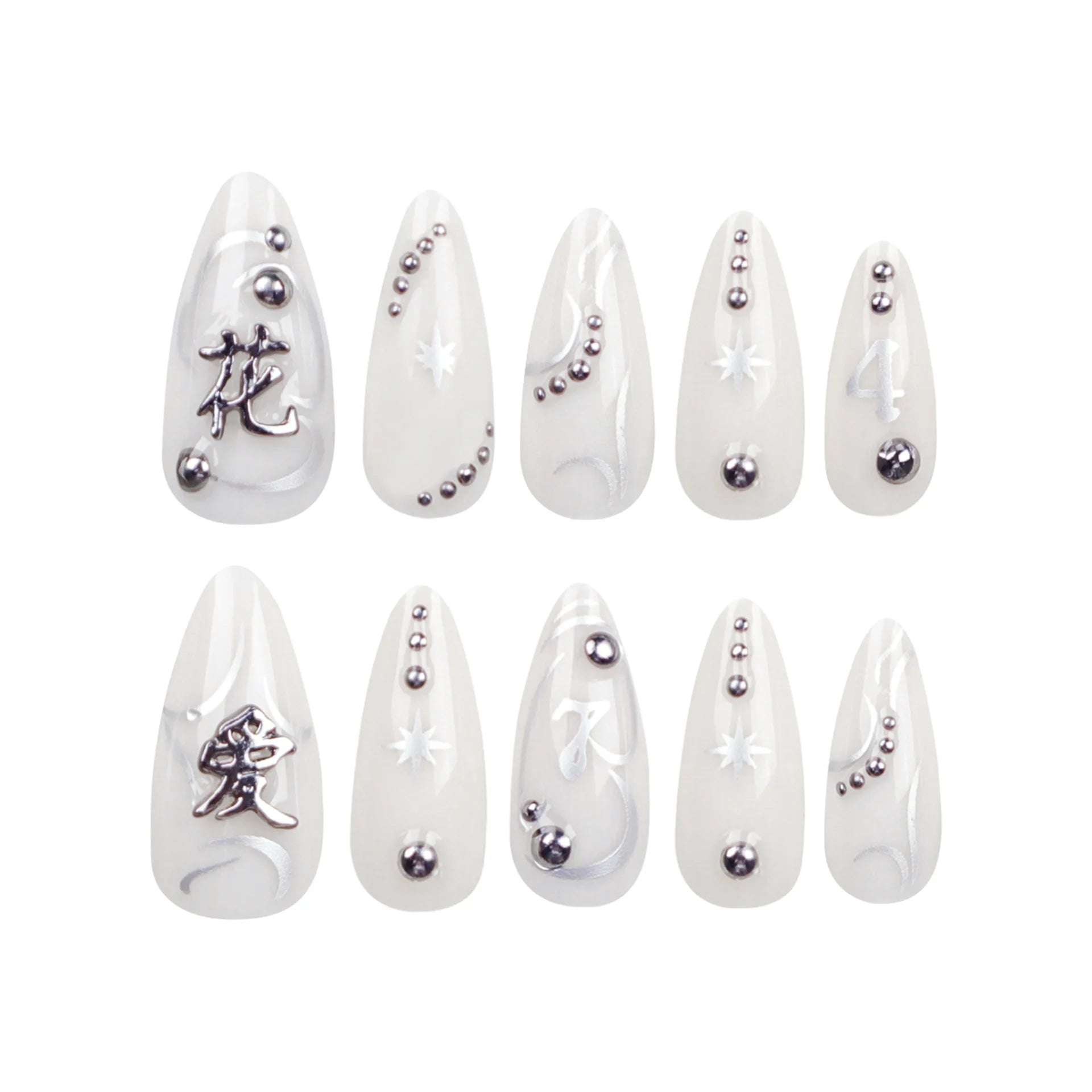 24pcs y2k Sliver Cool Fake Nails Goth Style 3D False Nail Patch Lady Women Wearable Detchable Artificial Nails Patches for Girls