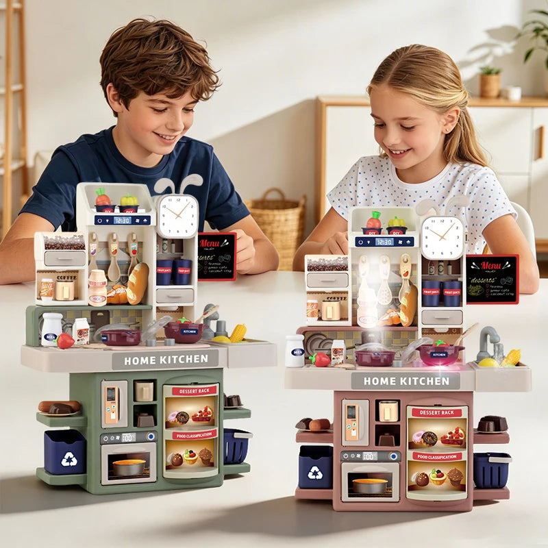 Children Kitchen Toys Set Simulated Tableware Kitchen Counter Play Set with Lights Spray DIY Toy for Girls Kids Birthday Gifts