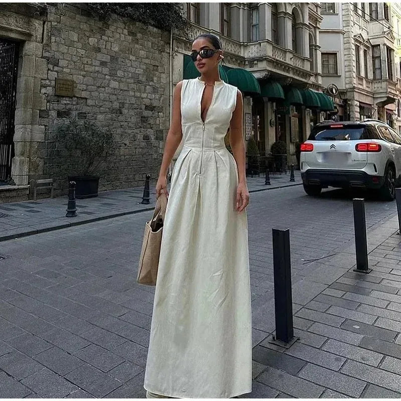 Fashion Sleeveless Spliced Zipper Long Dress Elegant V-neck High Waist Slim Pleated Maxi Dresses Summer Office Lady Street Robes