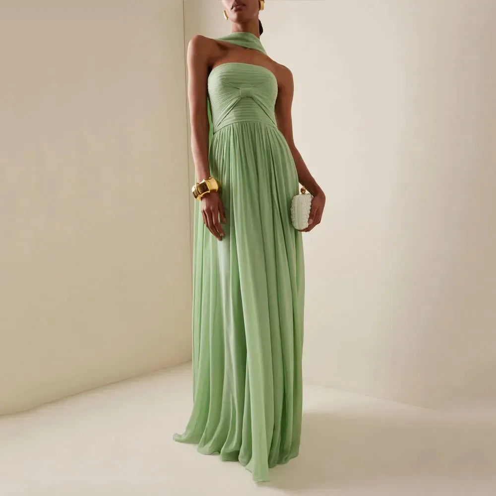 Summer Elegant Off Shoulder Lady Chic Evening Gown Sexy Green Chiffon Waist Party Long Dress Women Hollow Backless Dresses 2025