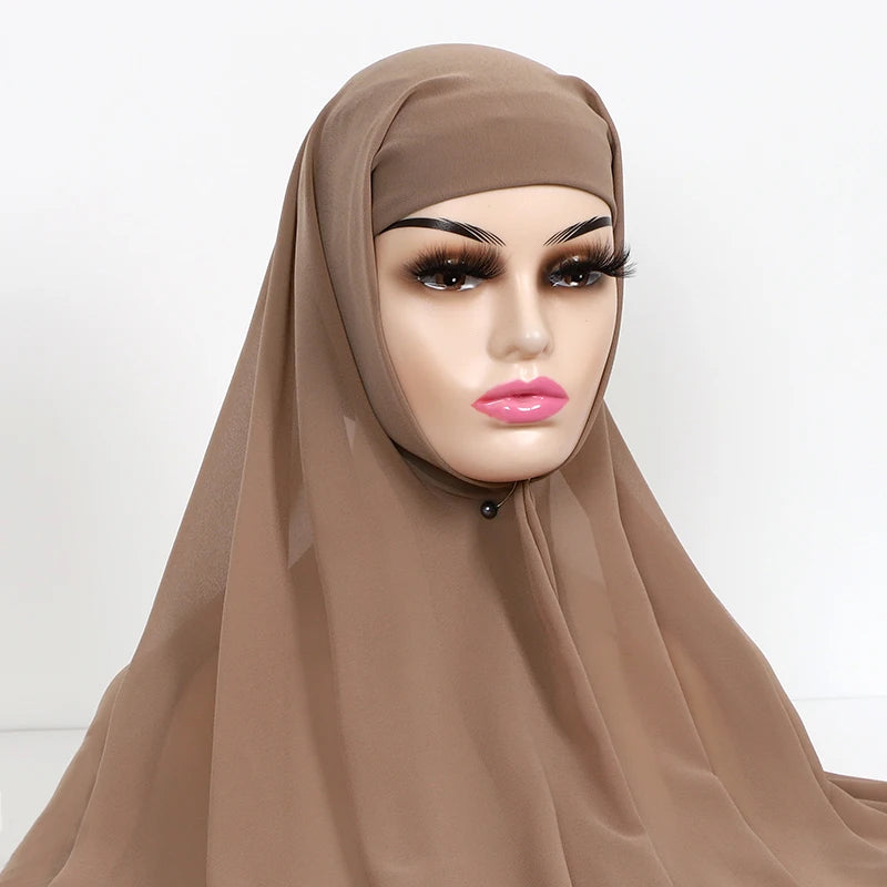 Muslim Women Chiffon Hijab With Cap Bonnet Instant Chiffon Hijab Pinles Shawl Head Scarf Under scarf Caps Cover Headwrap