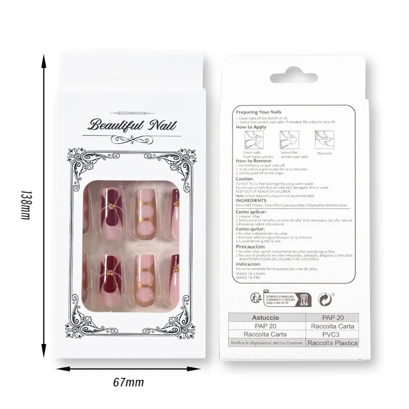 24Pcs Retro Flower Long Coffin French Fake Nails Caviar Bead Floral Gold Hollow Design Press On Nail Tips Y2k Acrylic 2030