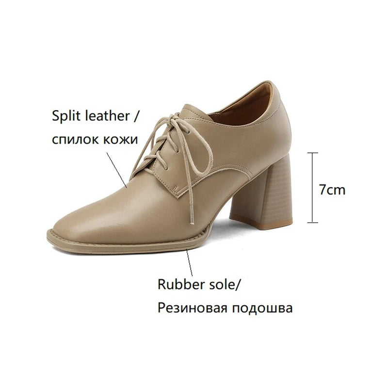 NEW Spring/Autumn Women Loafers Square Toe High heels Split Leather Chunky Heel Pumps Women Plus Size Retro Lace Up Black Shoes