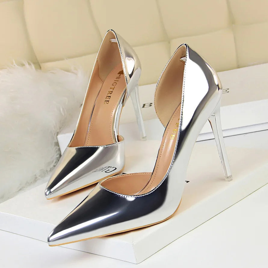 Women 10.5cm High Heels Pumps Lady Stripper Stiletto Metallic Leather Scarpins Wedding Heels Catwalk Party Silver Gold Shoes