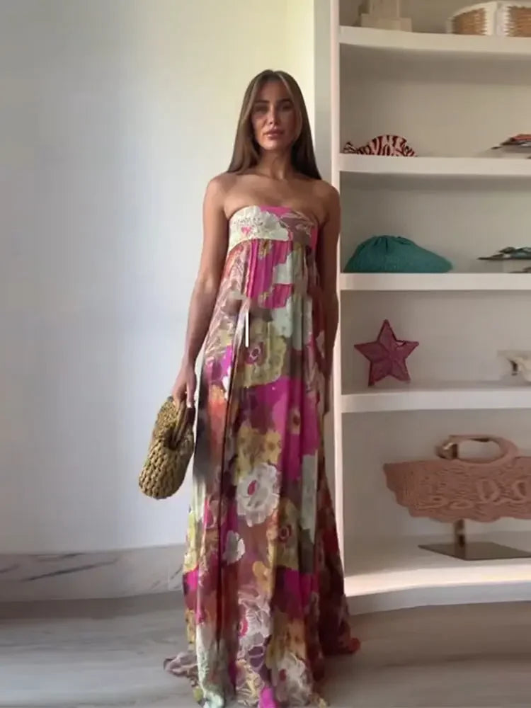 Printed Pleated Vacation Summer Long Dress Women Patchwork Sleeveless Backless Sexy Party Loose Zipper Robe Street Floor Dresses