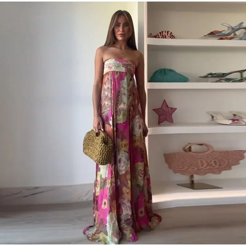 Printed Pleated Vacation Summer Long Dress Women Patchwork Sleeveless Backless Sexy Party Loose Zipper Robe Street Floor Dresses