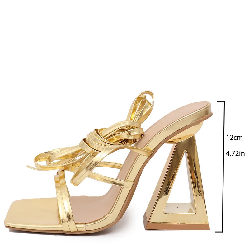 Plus Size Roman Super High Heels Sandals for Women Gold Patent Leather Cross Band Gladiator Shoes Strange Heels Square Toe Shoes
