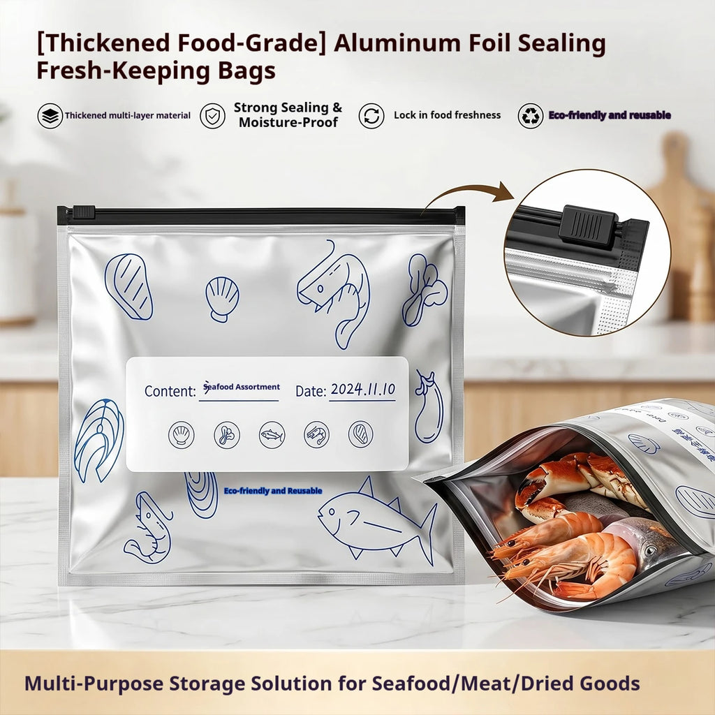 60pcs Aluminum Foil Food Sealable Storage Bags, Freezer Bags, Up Sealable Bags with Label And Zip Lock, Zip Seal Food Bags