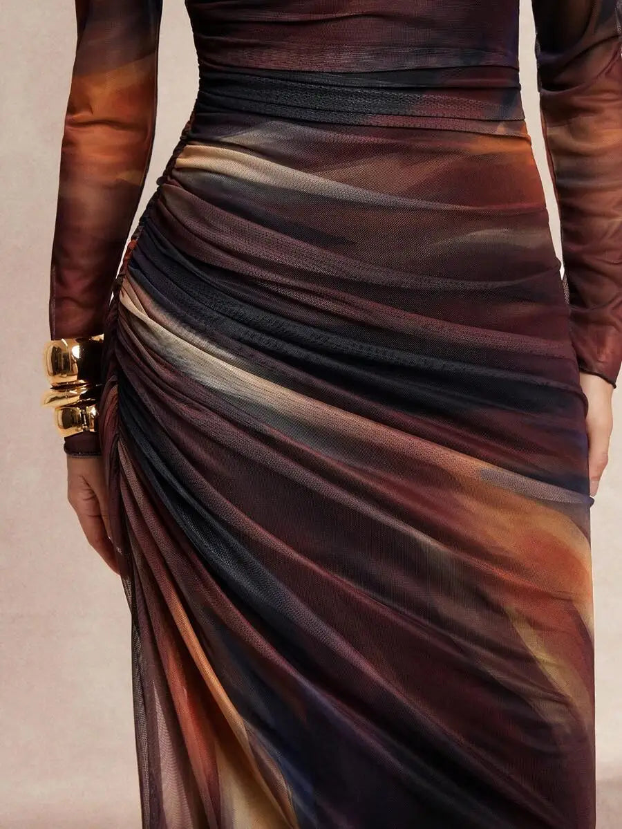 Womens Brown Tie-Dye Mesh Long Sleeve Ruched Waist Dress