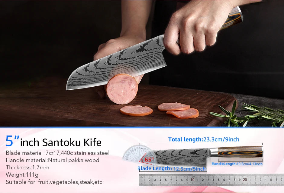 Kitchen Knife Chef Knives Japanese 7CR17 440C High Carbon Stainless Steel Imitation Damascus Sanding Laser Knife