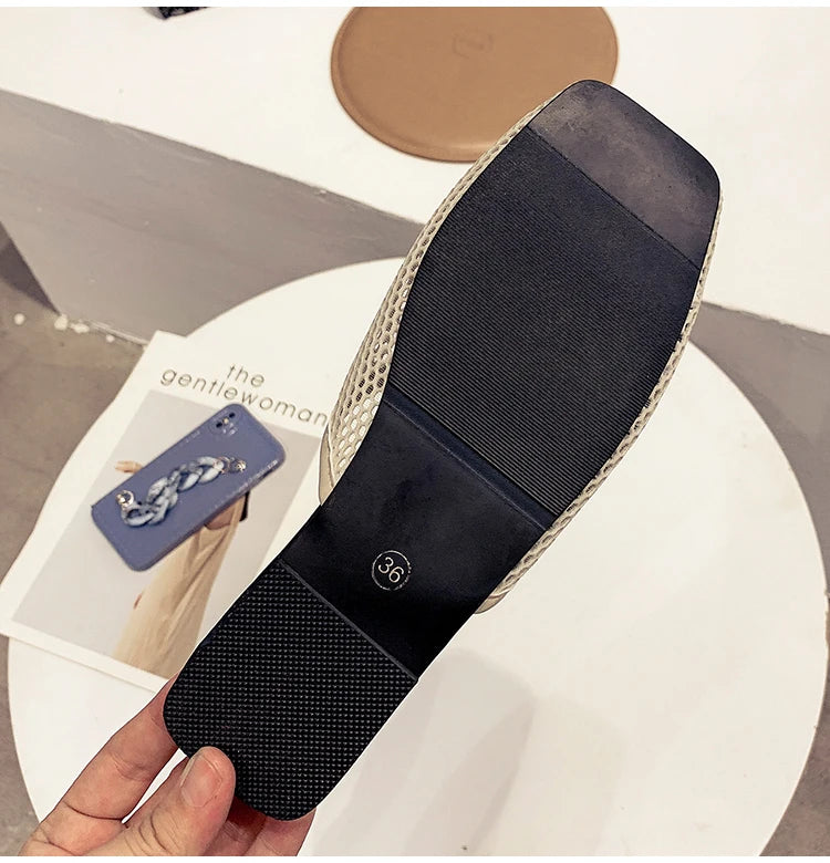 Summer Women Slippers Sexy Mesh Mules Indoor Home Slides Square Toe Female Flats Shoes Outdoor Clogs Beach Sandals Flip Flops 43