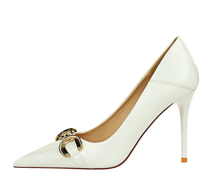 Red White Metal Buckle Wedding Shoes Women 2026 New Patent Leather Shallow High Heels Pumps Fashion Pointy Toe Party Shoes Woman