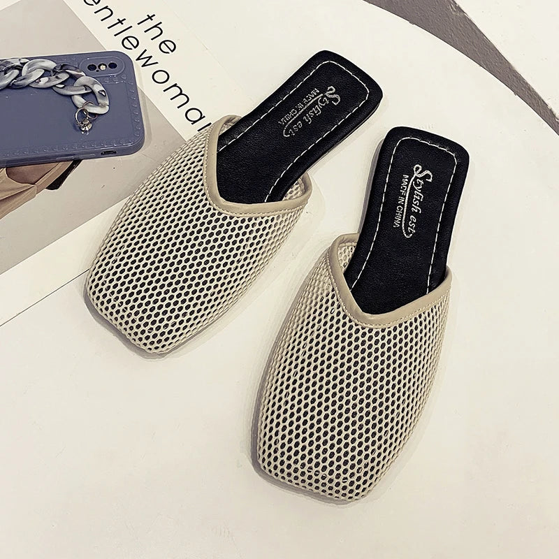 Summer Women Slippers Sexy Mesh Mules Indoor Home Slides Square Toe Female Flats Shoes Outdoor Clogs Beach Sandals Flip Flops 43