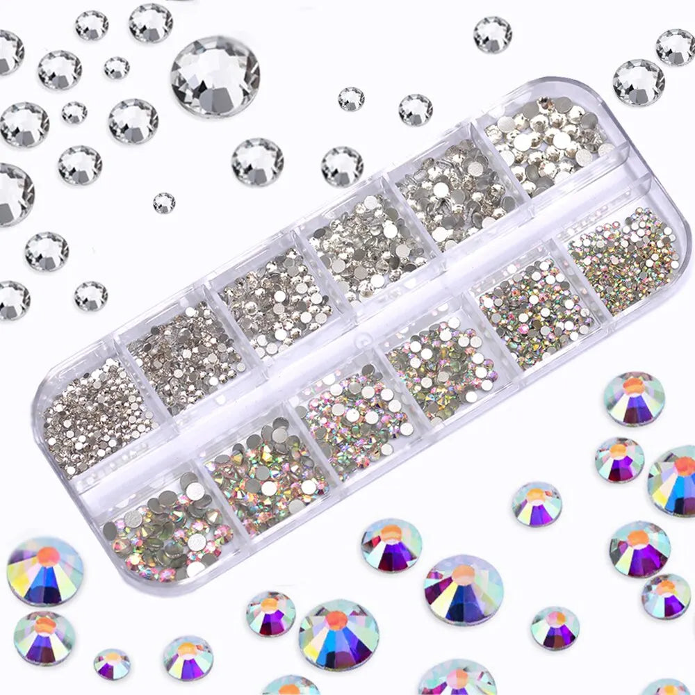 12 Grids Multi Sizes Clear Crystal AB Nail Rhinestones Set DIY Nail Art Decoration Diamonds with Tools Nails Accessories