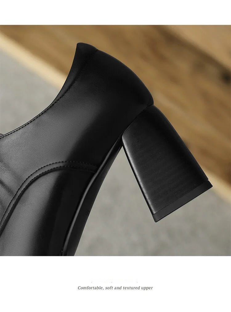 NEW Spring/Autumn Women Loafers Square Toe High heels Split Leather Chunky Heel Pumps Women Plus Size Retro Lace Up Black Shoes