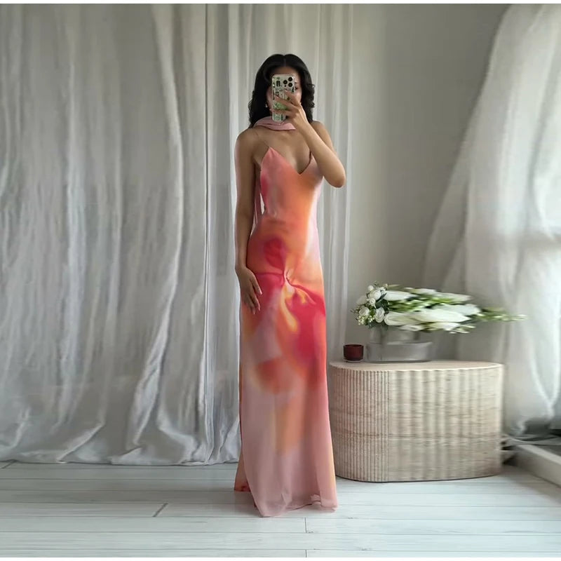 Elegant Tie Dye Printed Long Dress Women Ribbon V-neck Sleeveless Slim Sling Dresses 2025 Summer Lady Chic Beach Vacation Robes