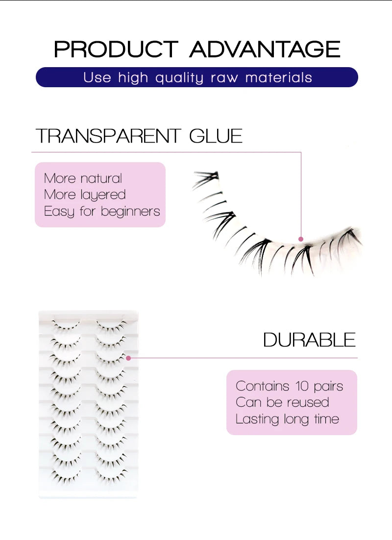 10Pairs Lower Eyelashes Pack Under Eye Lashes Soft Lower Eyelashes 100% Handmade Clear Band Manga Bottom Lashes Makeup Tools