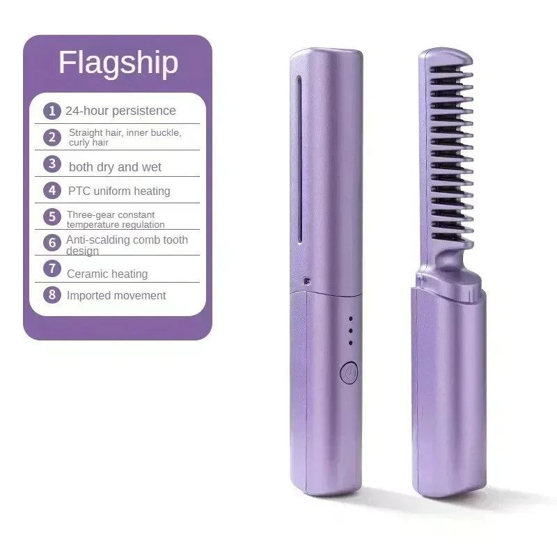Wireless Hair Straightener and Curler Comb for Women USB Rechargeable Anti-Scald Portable Hair Brush for Home and Travel