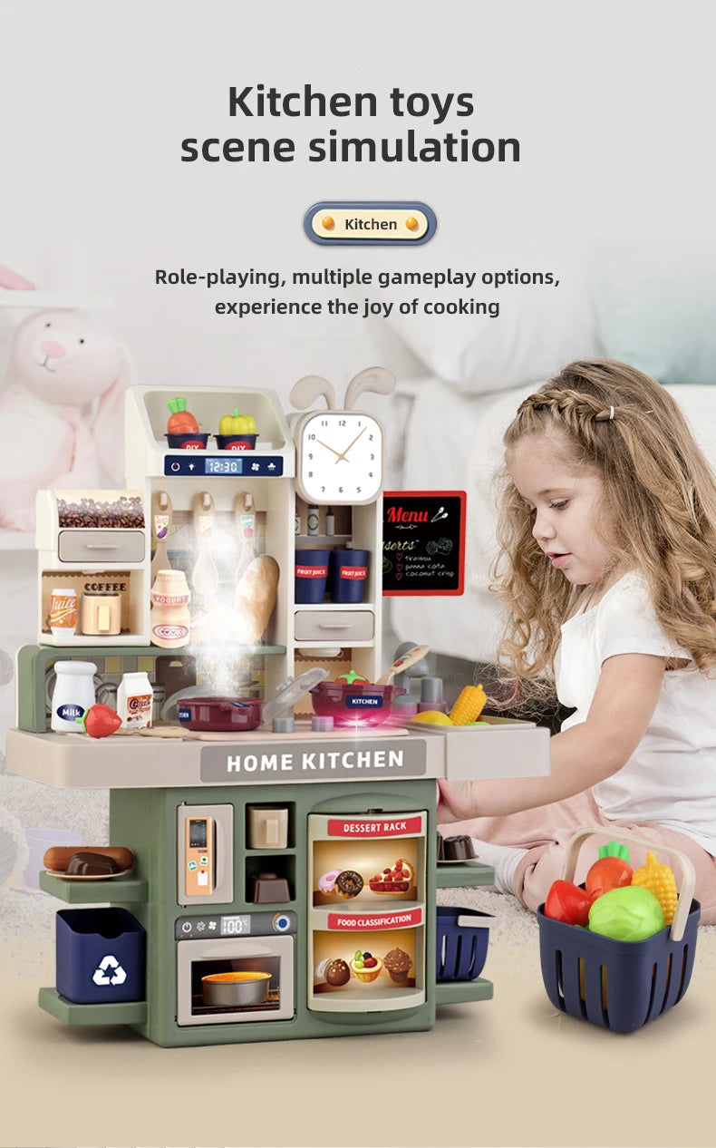 Children Kitchen Toys Set Simulated Tableware Kitchen Counter Play Set with Lights Spray DIY Toy for Girls Kids Birthday Gifts