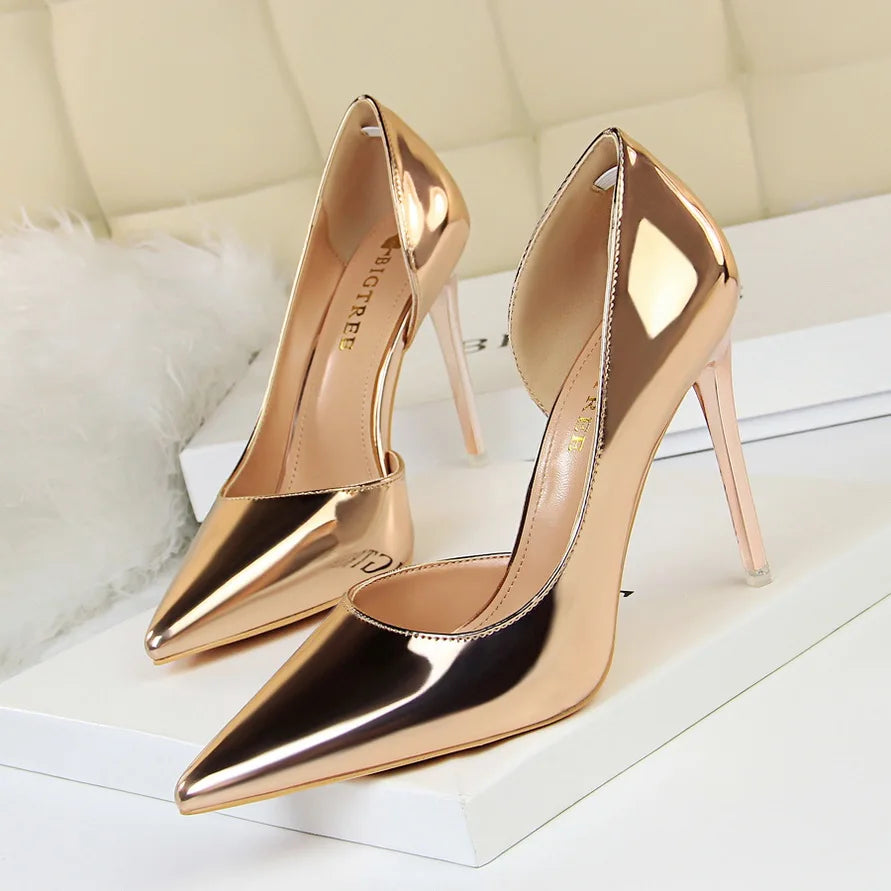 Women 10.5cm High Heels Pumps Lady Stripper Stiletto Metallic Leather Scarpins Wedding Heels Catwalk Party Silver Gold Shoes