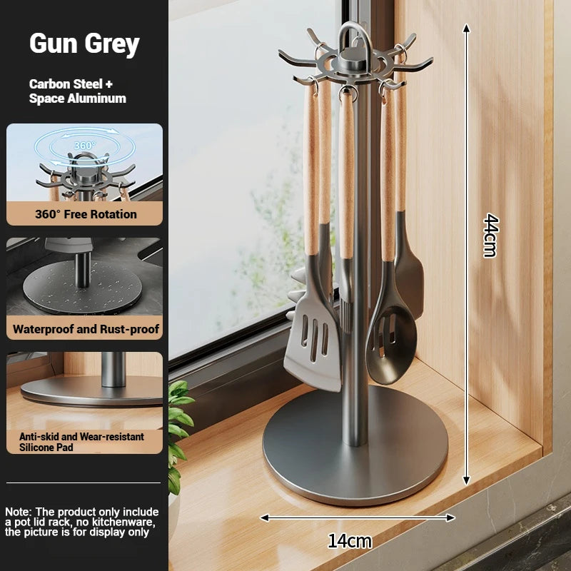 Kitchen Utensil Stand: Rotating Storage Hanger with 8 Hooks,for Countertop Organization rotatable Cooking Utensils Holder