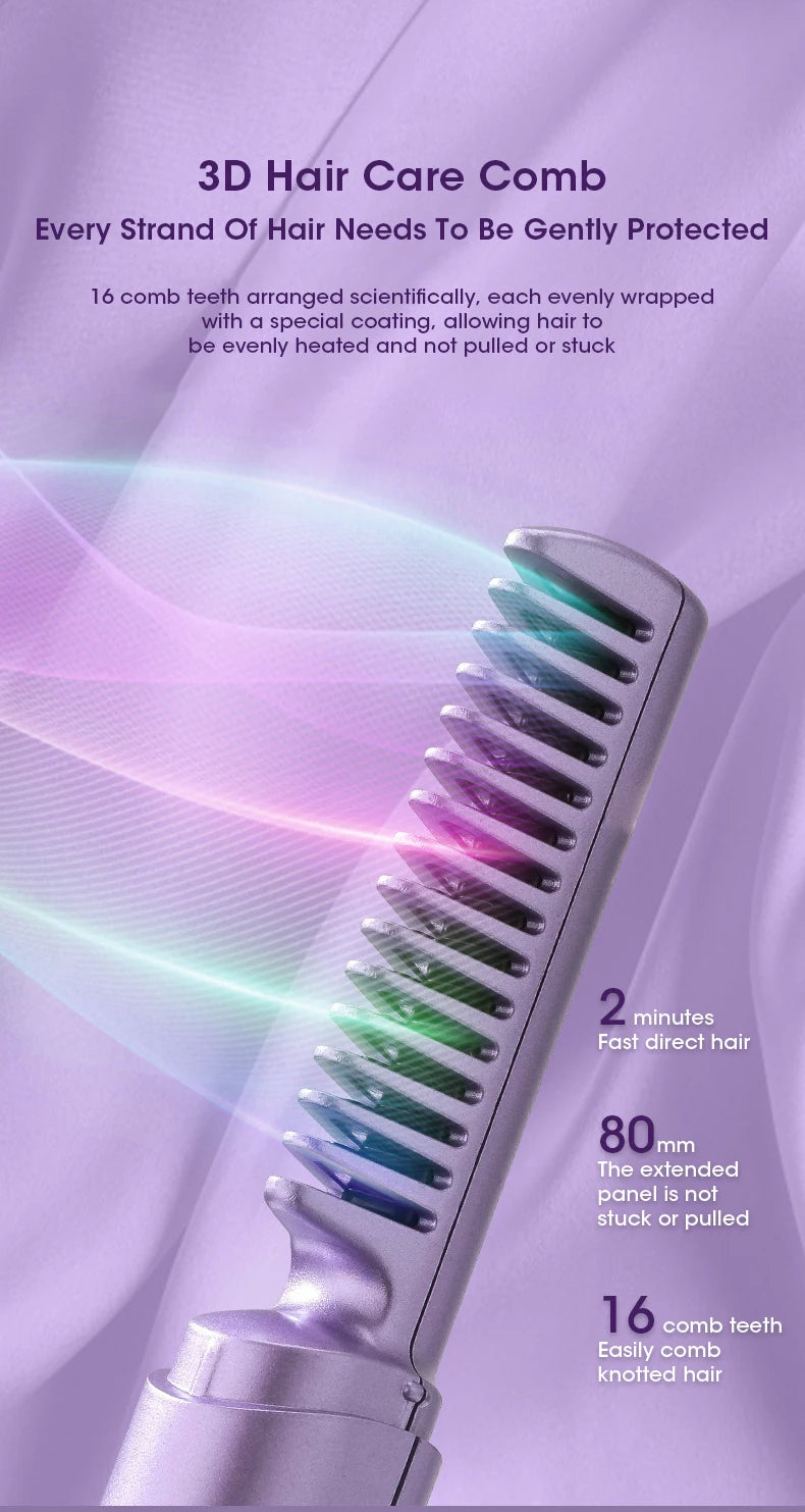 Wireless Hair Straightener and Curler Comb for Women USB Rechargeable Anti-Scald Portable Hair Brush for Home and Travel