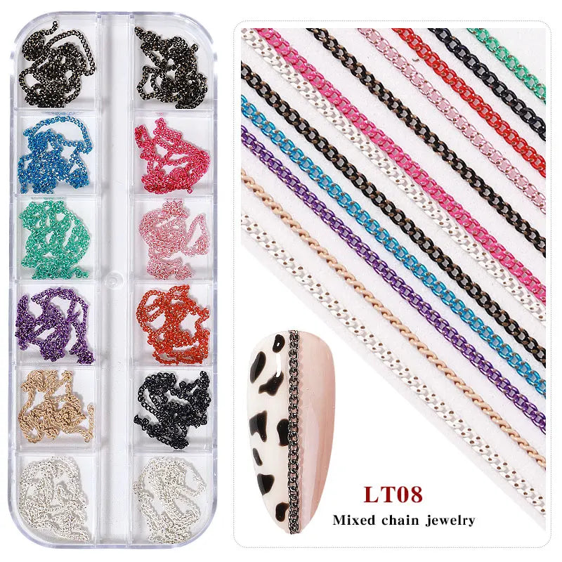 Misscheering 12 Grid Mixed Style Nail Chain Jewelry For DIY Art Decoration Fashion Metal Nails Accessories For Manicure Design