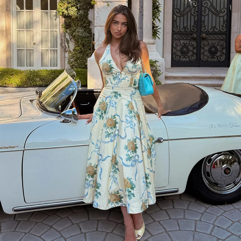 Elegant Print Halter Long Dress Women Sleeveless Backless Pleated A-line Holiday Dresses 2025 Summer Lady Slim Floral Beach Robe