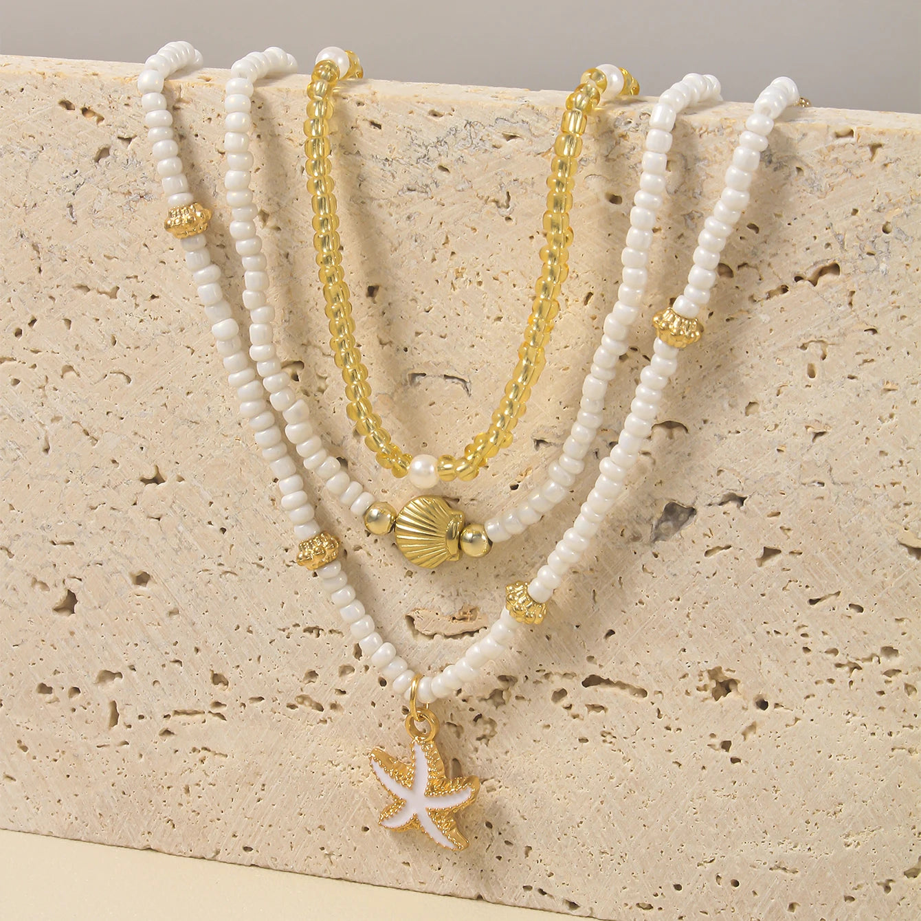 Bohemian Handmade Bead Stacked Choker Delicate Starfish Shell Pendant Necklace Women's Summer Beach Party Vacation Jewelry