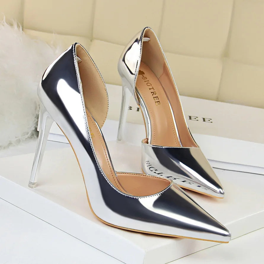 Women 10.5cm High Heels Pumps Lady Stripper Stiletto Metallic Leather Scarpins Wedding Heels Catwalk Party Silver Gold Shoes