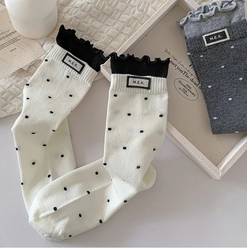 Socks For Women New Dots Cute Frilly Casual Fashion Long Socks Breathable Preppy Style Ladies Novelties Socks Cotton Soft Comfy