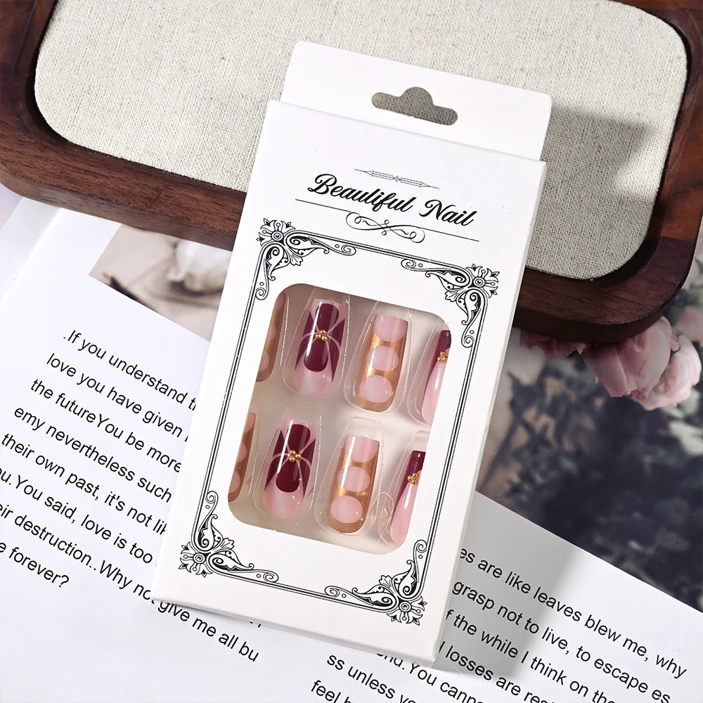 24Pcs Retro Flower Long Coffin French Fake Nails Caviar Bead Floral Gold Hollow Design Press On Nail Tips Y2k Acrylic 2030